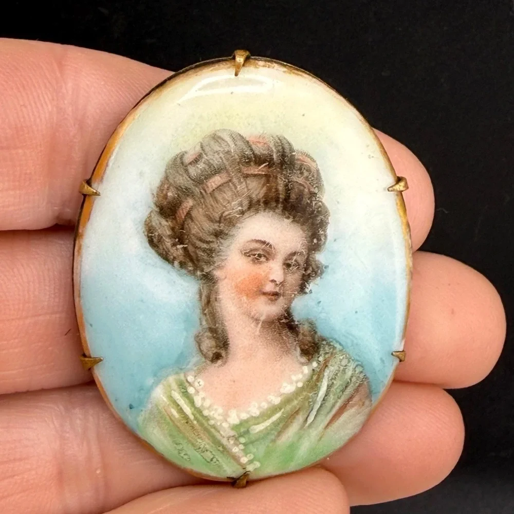 Vintage Victorian Painted Porcelain Brooch Woman